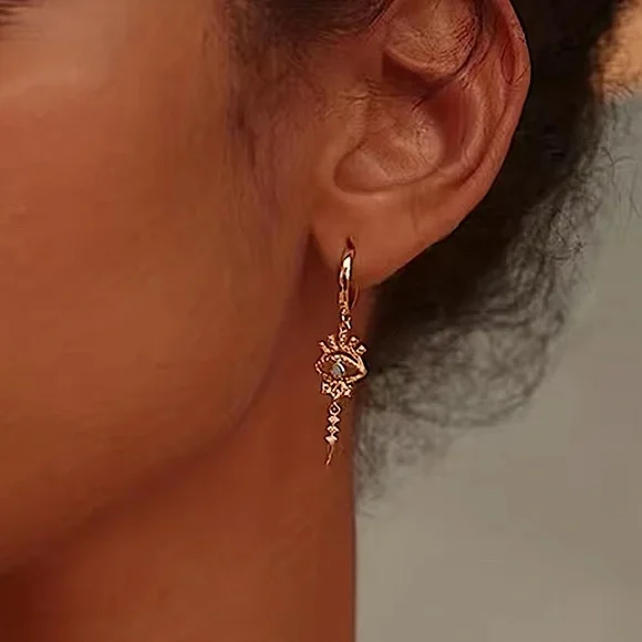 Gold 14K Evil Eye Hoop Zircon Drop Dangling Minimalist Earrings - Picture 8 of 8